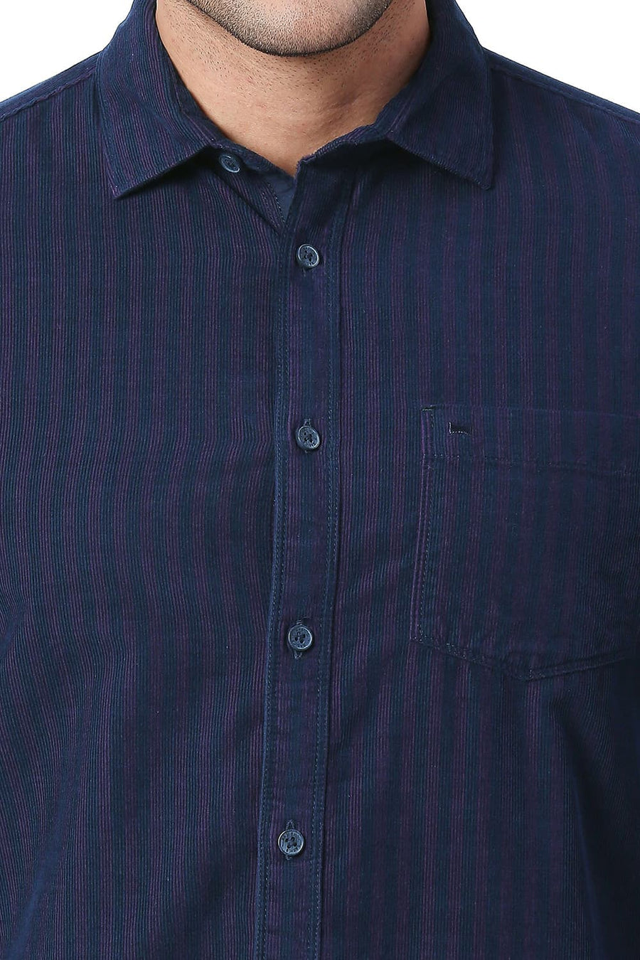 BASICS SLIM FIT SHADOW PURPLE COTTON CORDUORY STRIPE SHIRT