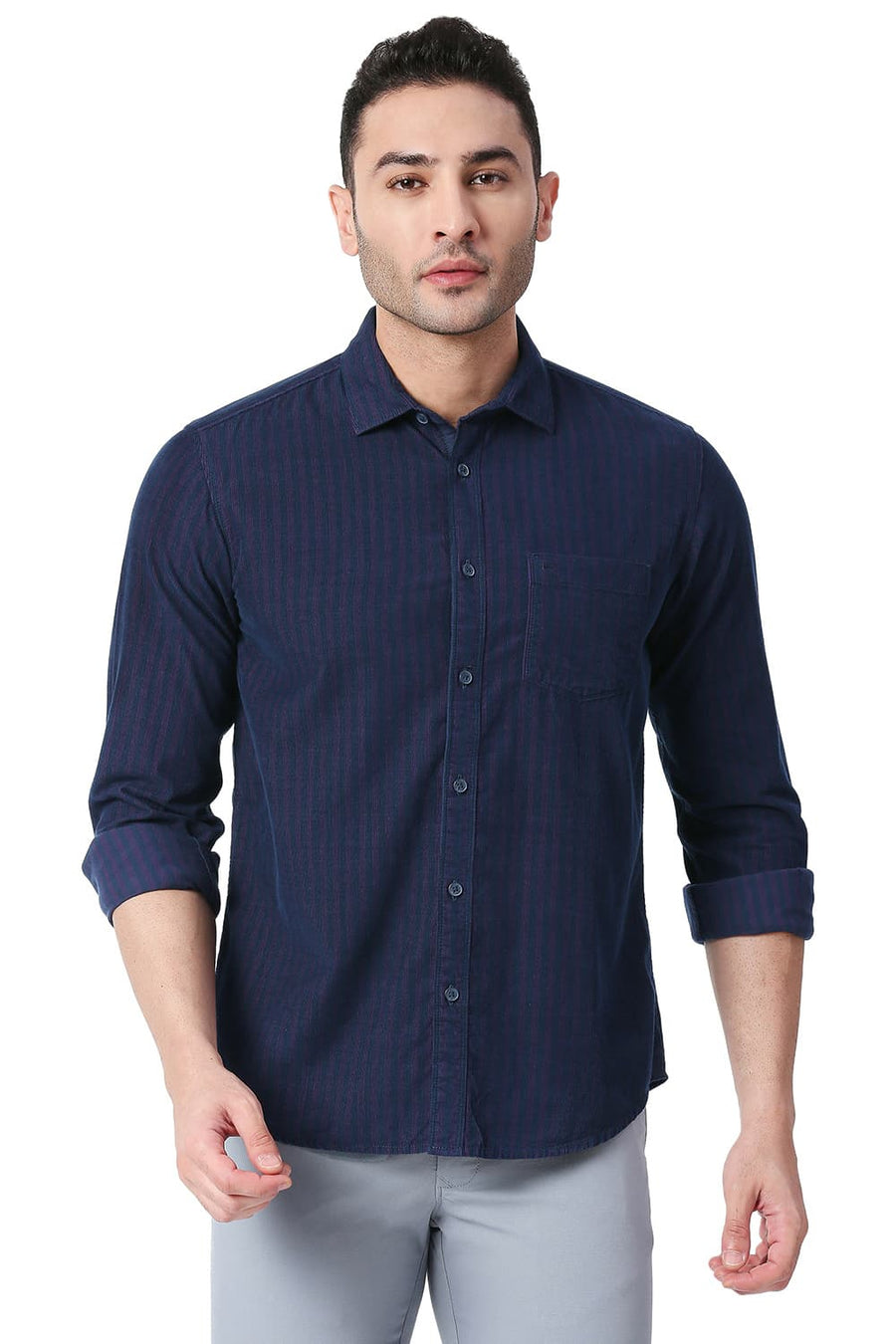 BASICS SLIM FIT SHADOW PURPLE COTTON CORDUORY STRIPE SHIRT