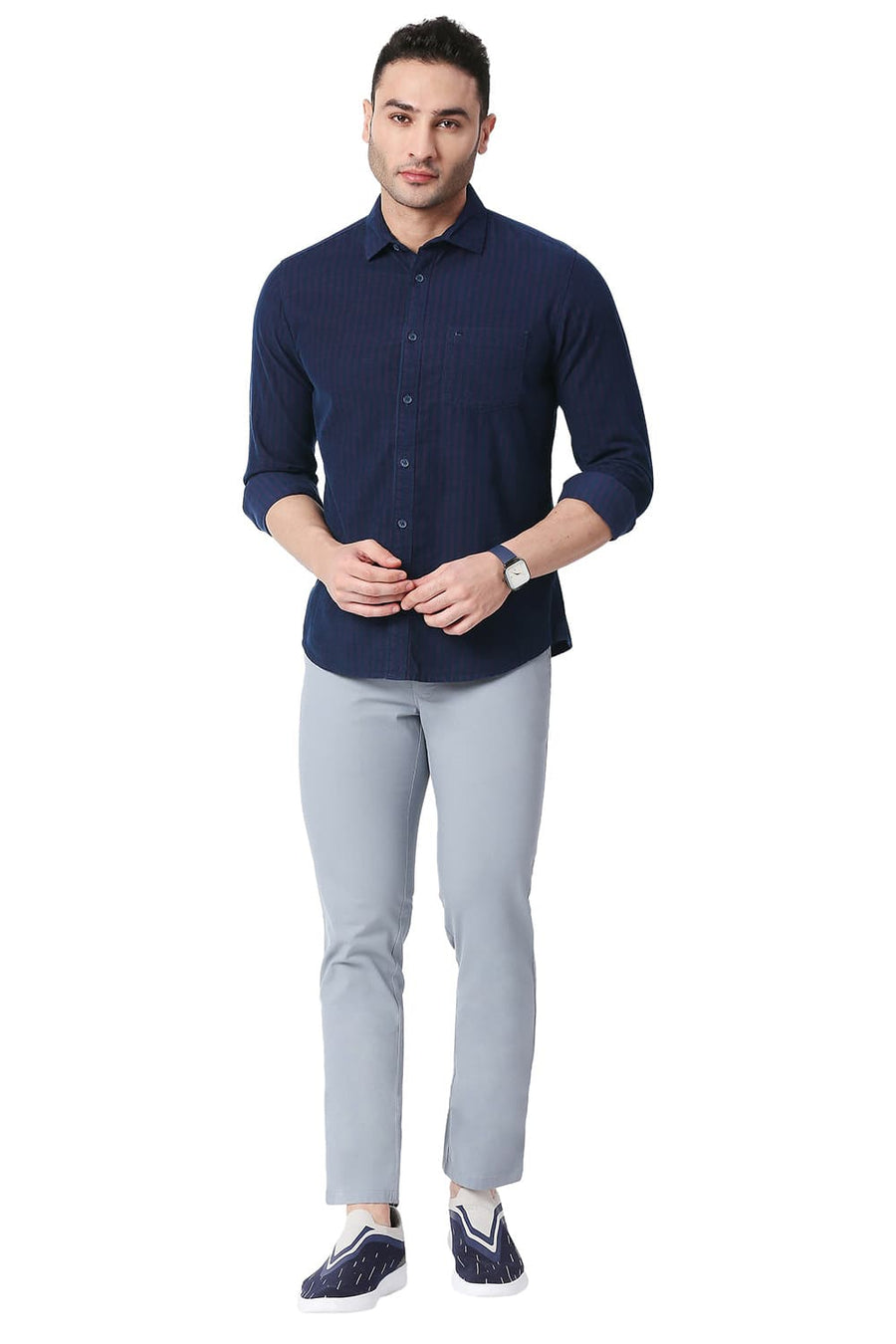 BASICS SLIM FIT SHADOW PURPLE COTTON CORDUORY STRIPE SHIRT