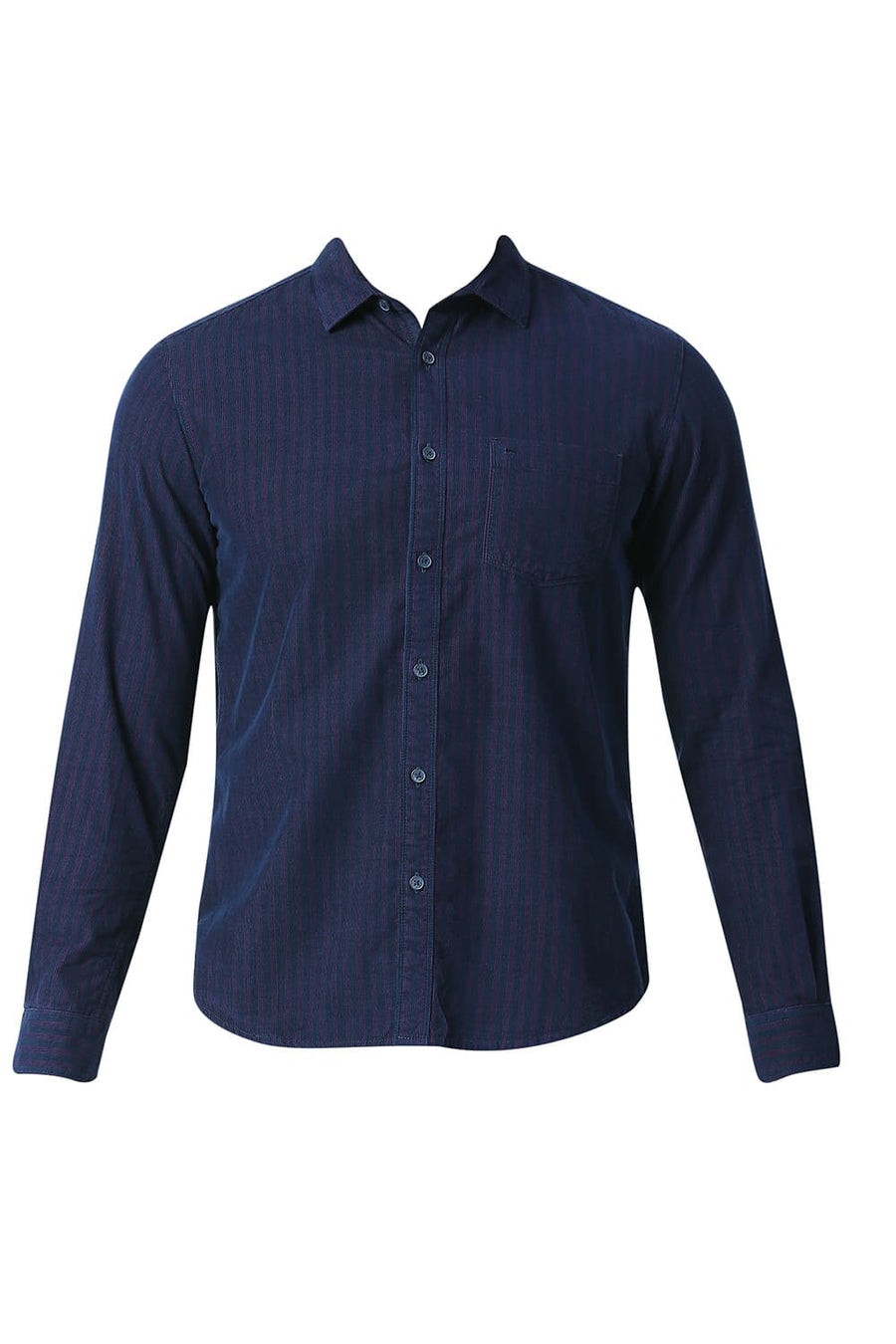 BASICS SLIM FIT SHADOW PURPLE COTTON CORDUORY STRIPE SHIRT