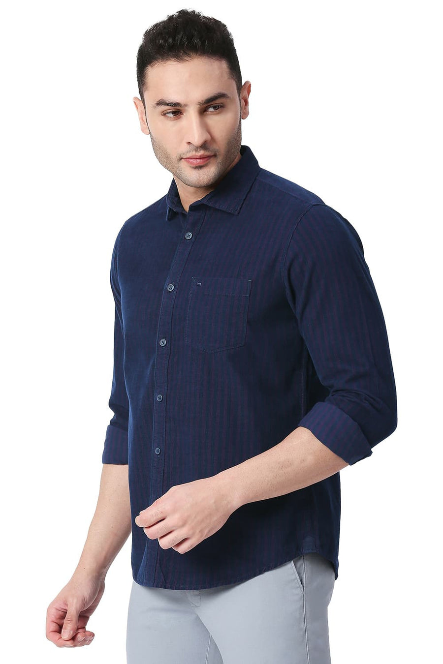 BASICS SLIM FIT SHADOW PURPLE COTTON CORDUORY STRIPE SHIRT