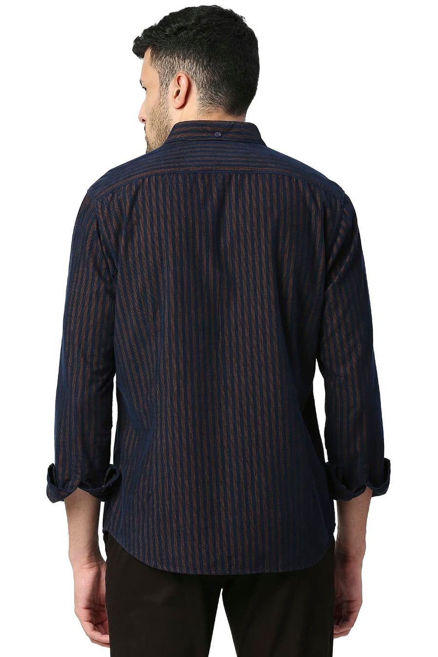 BASICS SLIM FIT EARTH BROWN COTTON CORDUORY STRIPE SHIRT