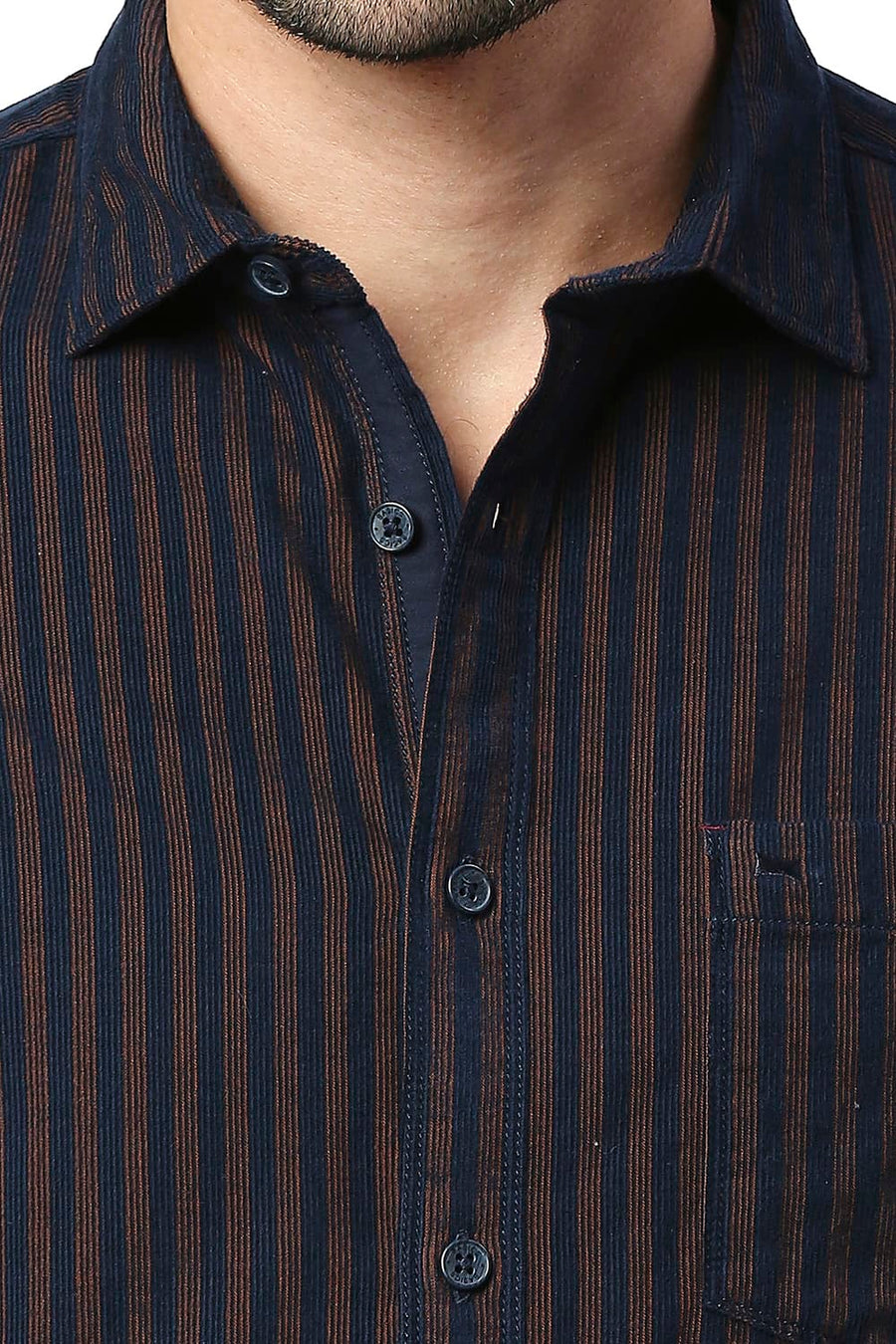 BASICS SLIM FIT EARTH BROWN COTTON CORDUORY STRIPE SHIRT