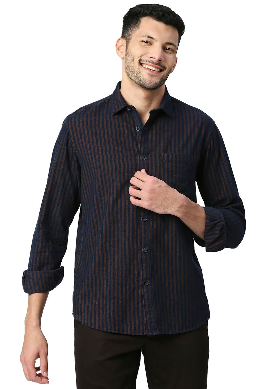 BASICS SLIM FIT EARTH BROWN COTTON CORDUORY STRIPE SHIRT