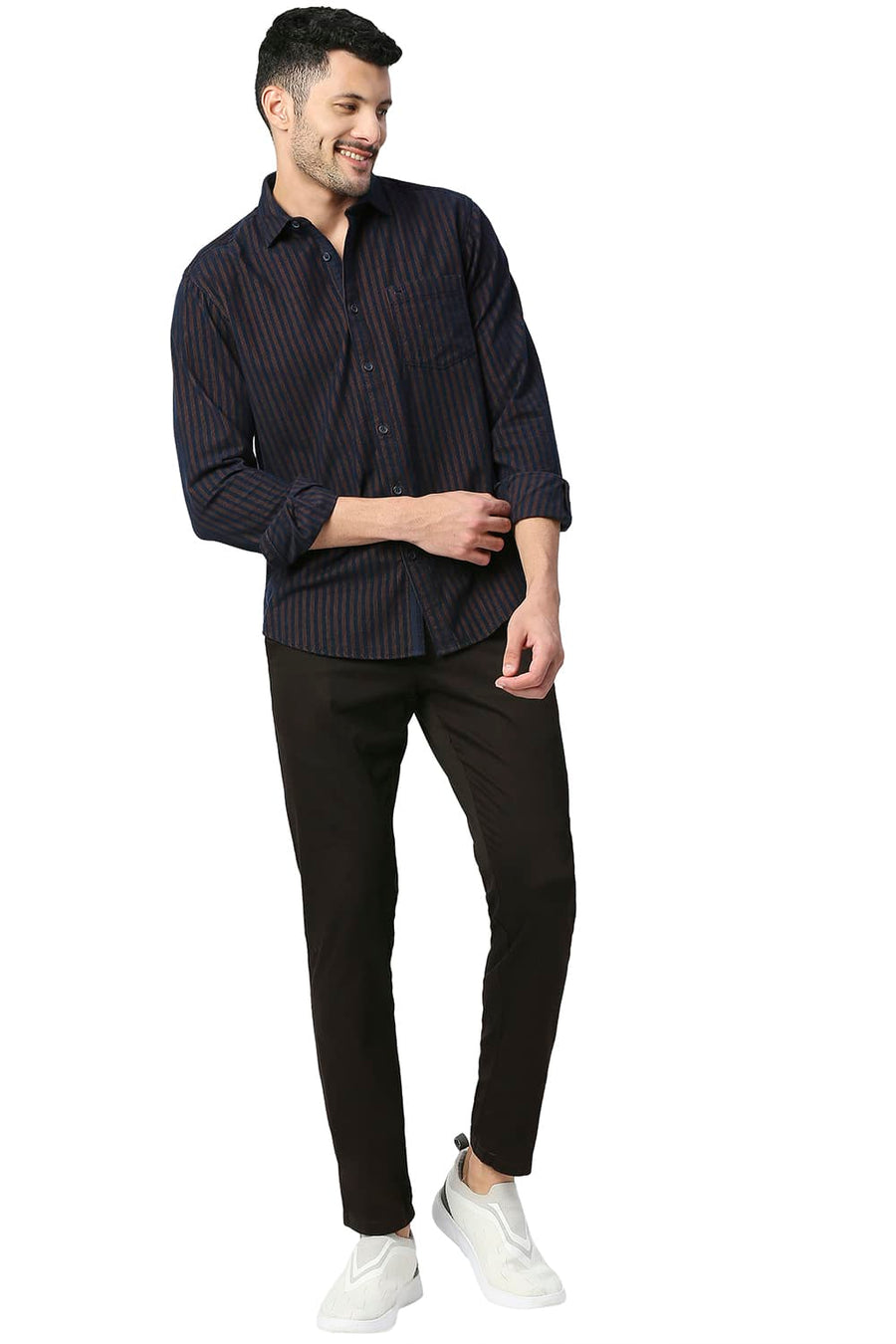 BASICS SLIM FIT EARTH BROWN COTTON CORDUORY STRIPE SHIRT