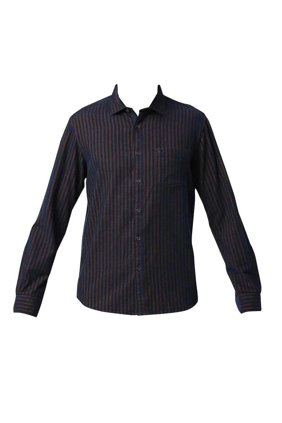 BASICS SLIM FIT EARTH BROWN COTTON CORDUORY STRIPE SHIRT