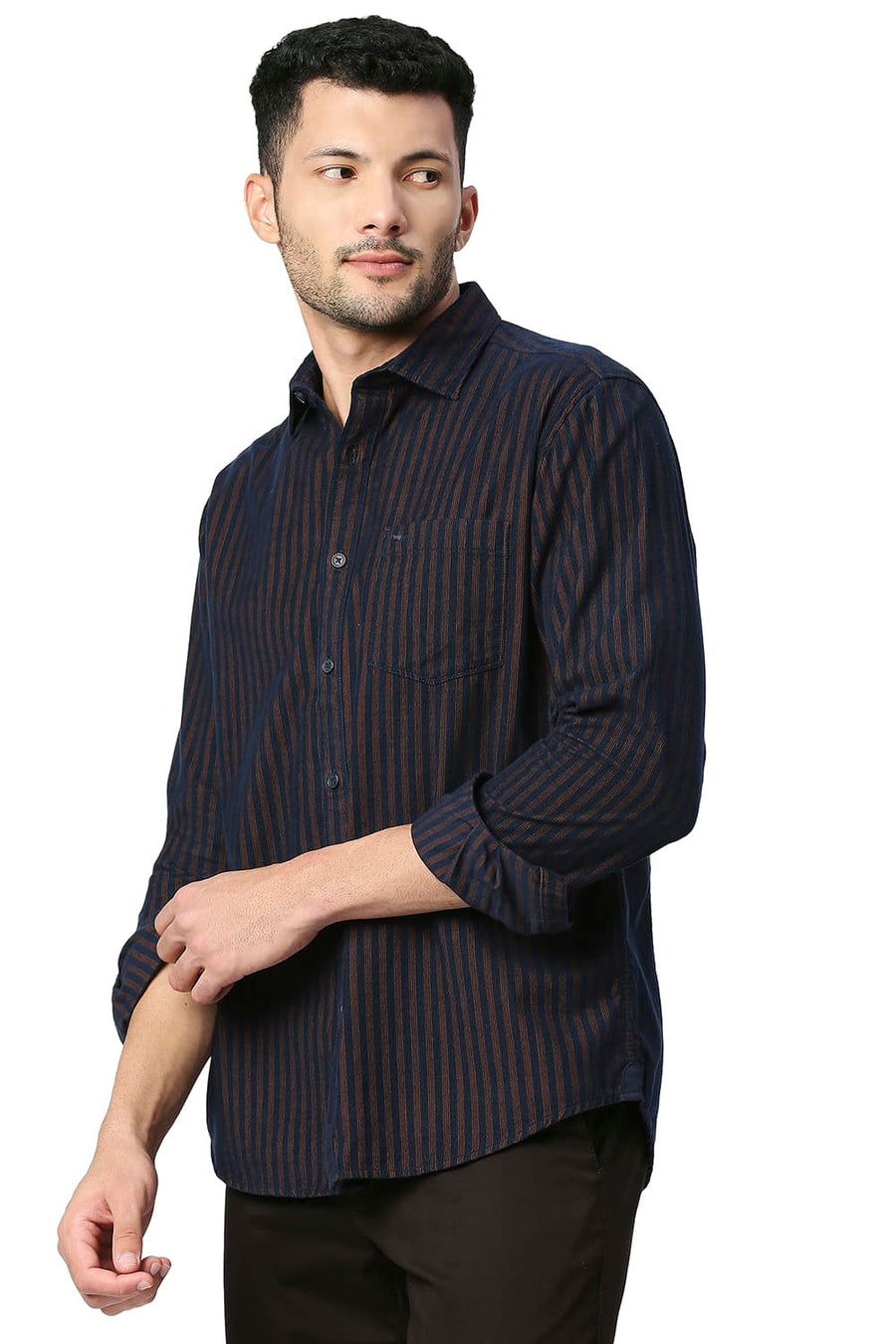 BASICS SLIM FIT EARTH BROWN COTTON CORDUORY STRIPE SHIRT