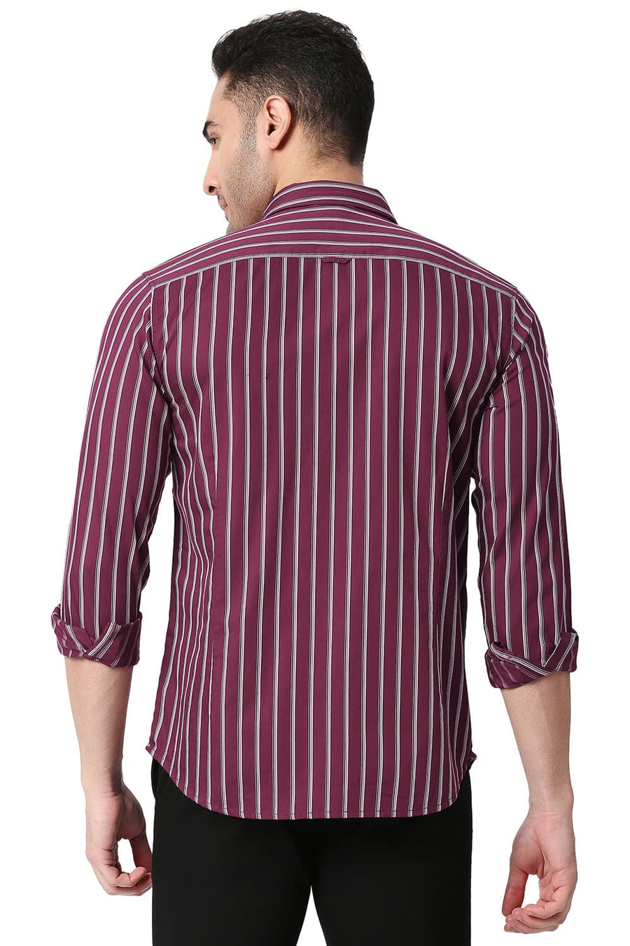 BASICS SLIM FIT PLUM WINE COTTON TWILL STRIPE SHIRT