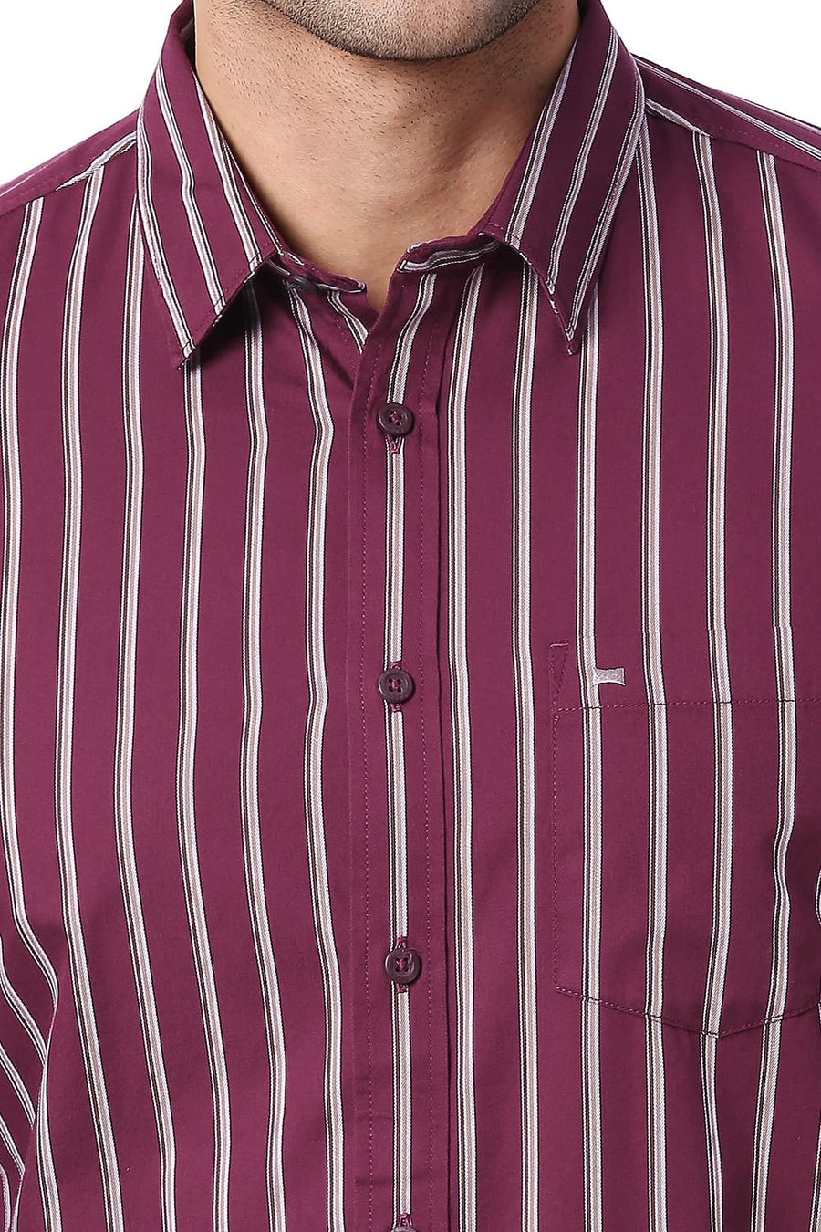 BASICS SLIM FIT PLUM WINE COTTON TWILL STRIPE SHIRT