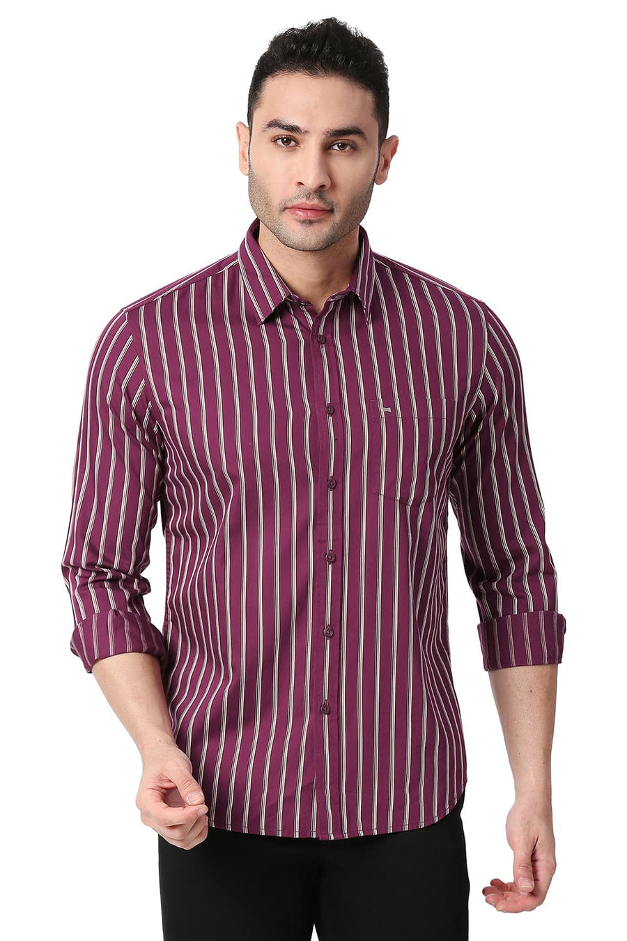 BASICS SLIM FIT PLUM WINE COTTON TWILL STRIPE SHIRT