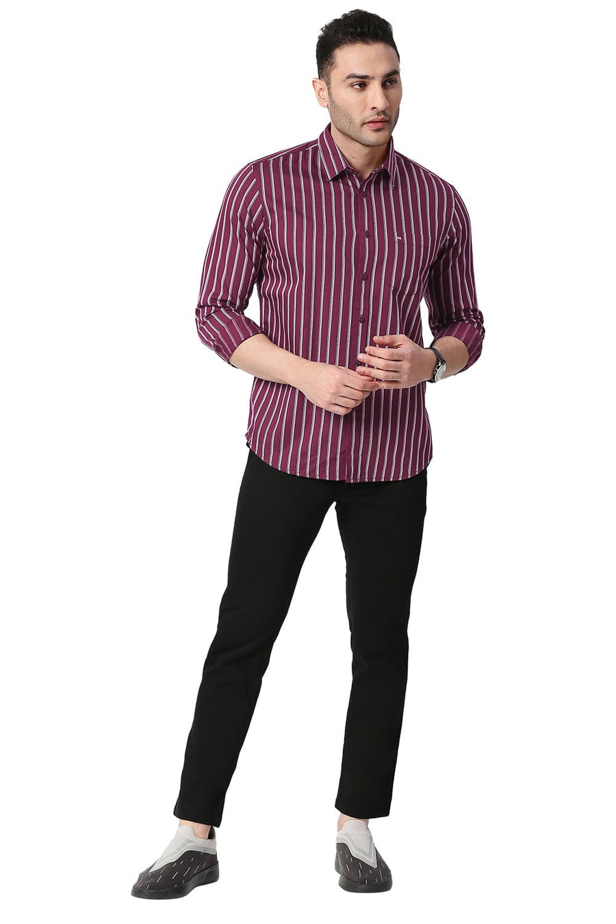 BASICS SLIM FIT PLUM WINE COTTON TWILL STRIPE SHIRT