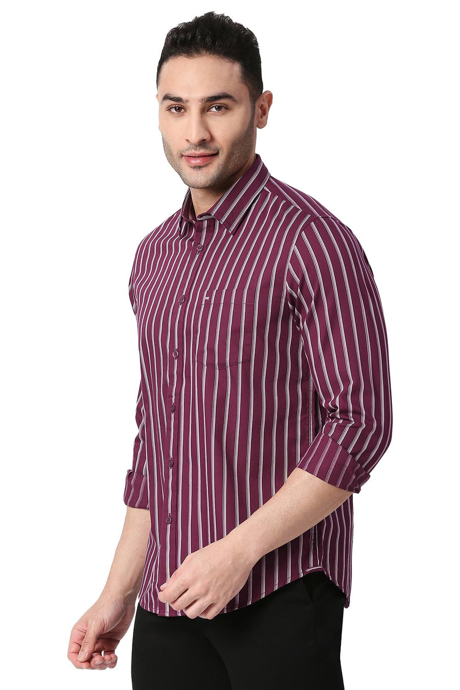 BASICS SLIM FIT PLUM WINE COTTON TWILL STRIPE SHIRT