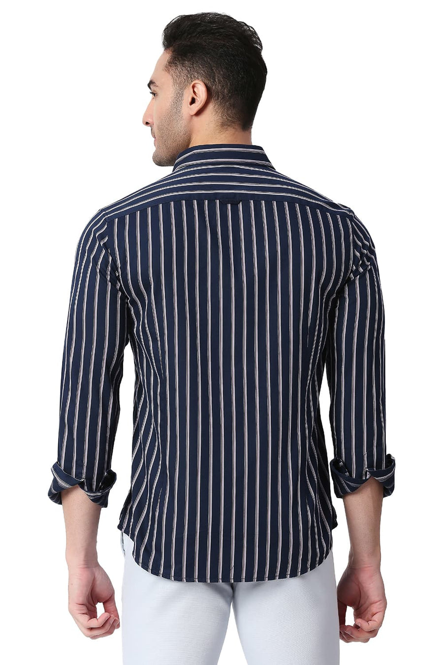 BASICS SLIM FIT MAJOLICA BLUE COTTON TWILL STRIPE SHIRT