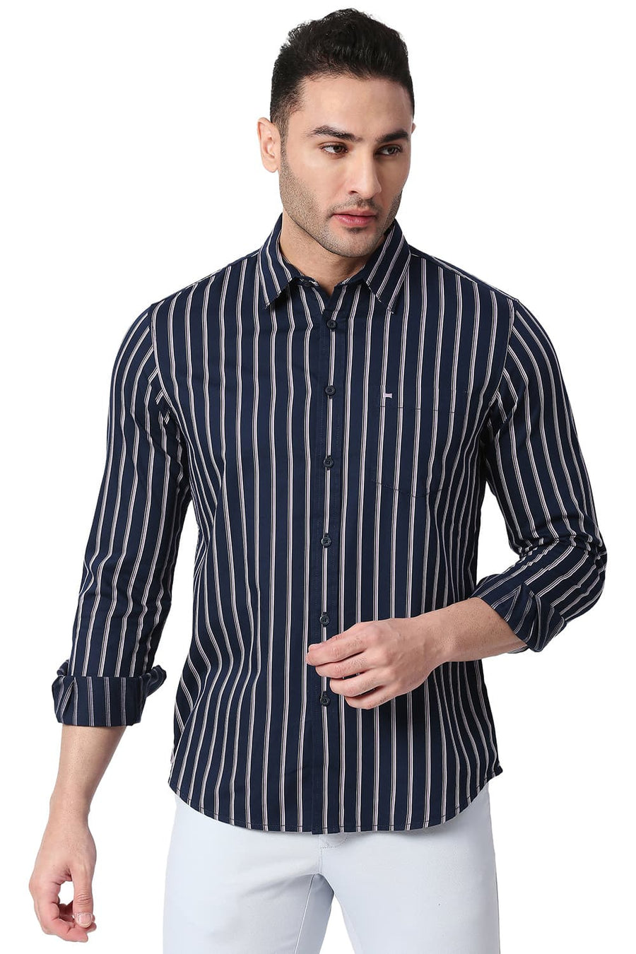 BASICS SLIM FIT MAJOLICA BLUE COTTON TWILL STRIPE SHIRT