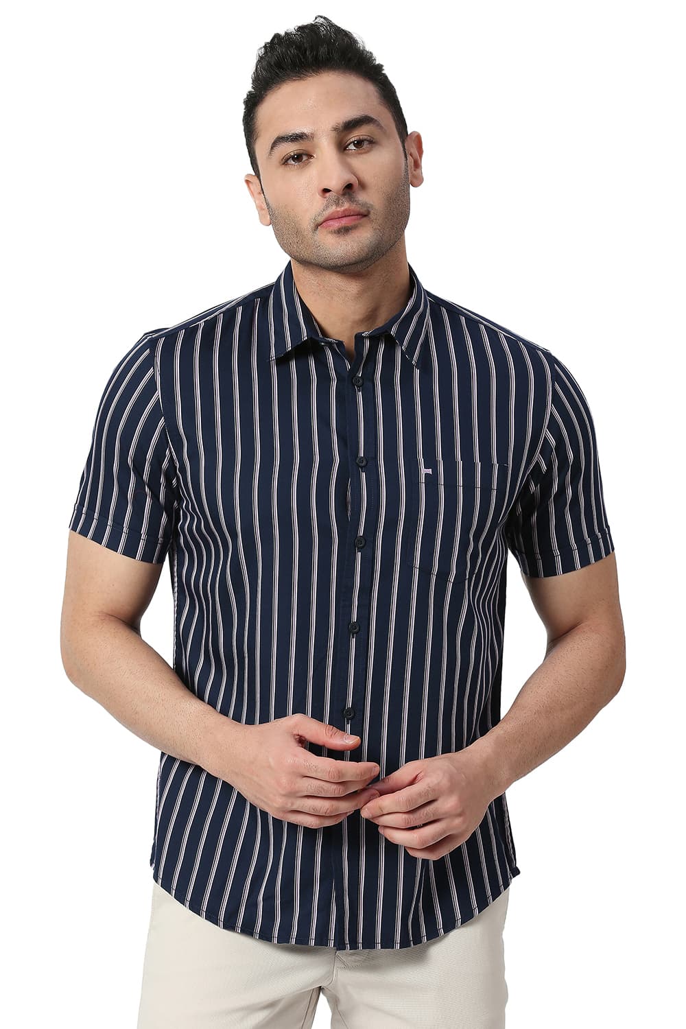 BASICS SLIM FIT COTTON TWILL STRIPE HALFSLEEVES SHIRT