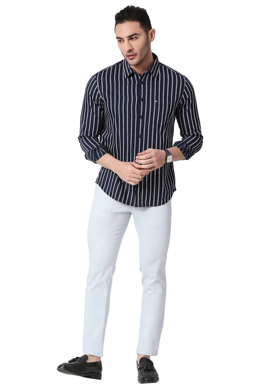 BASICS SLIM FIT MAJOLICA BLUE COTTON TWILL STRIPE SHIRT