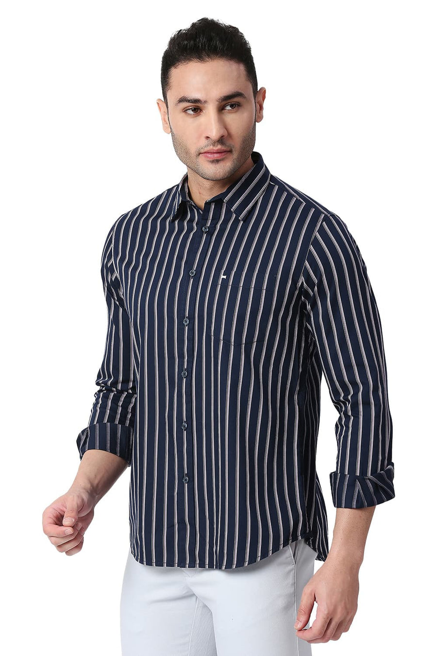 BASICS SLIM FIT MAJOLICA BLUE COTTON TWILL STRIPE SHIRT