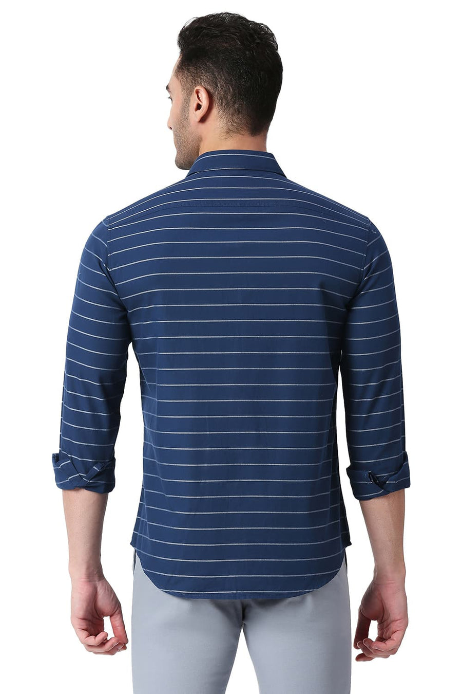 BASICS SLIM FIT GIBRALTOR NAVY COTTON TWILL WEFT STRIPES SHIRT