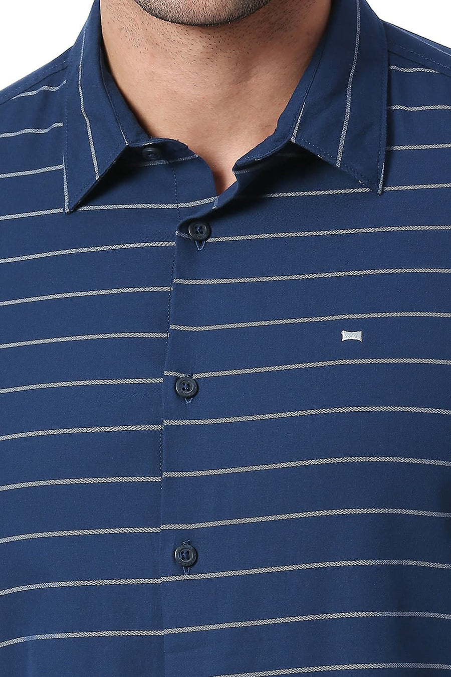 BASICS SLIM FIT GIBRALTOR NAVY COTTON TWILL WEFT STRIPES SHIRT