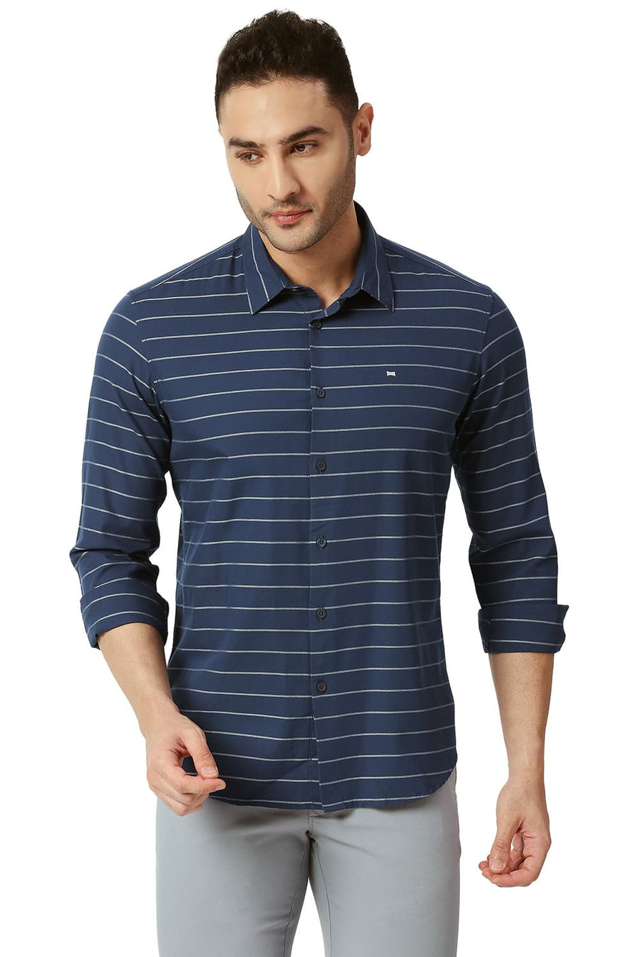 BASICS SLIM FIT GIBRALTOR NAVY COTTON TWILL WEFT STRIPES SHIRT