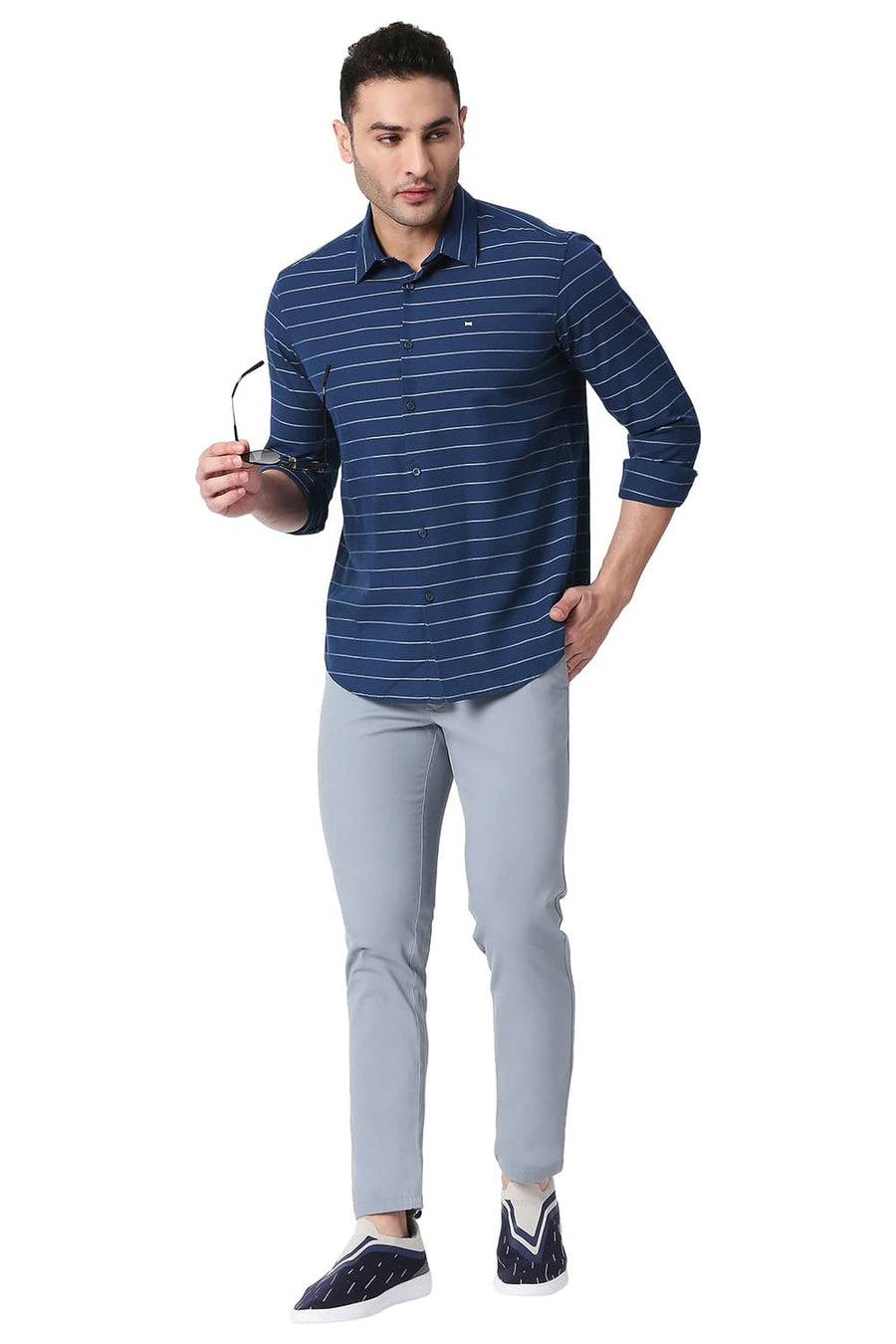 BASICS SLIM FIT GIBRALTOR NAVY COTTON TWILL WEFT STRIPES SHIRT
