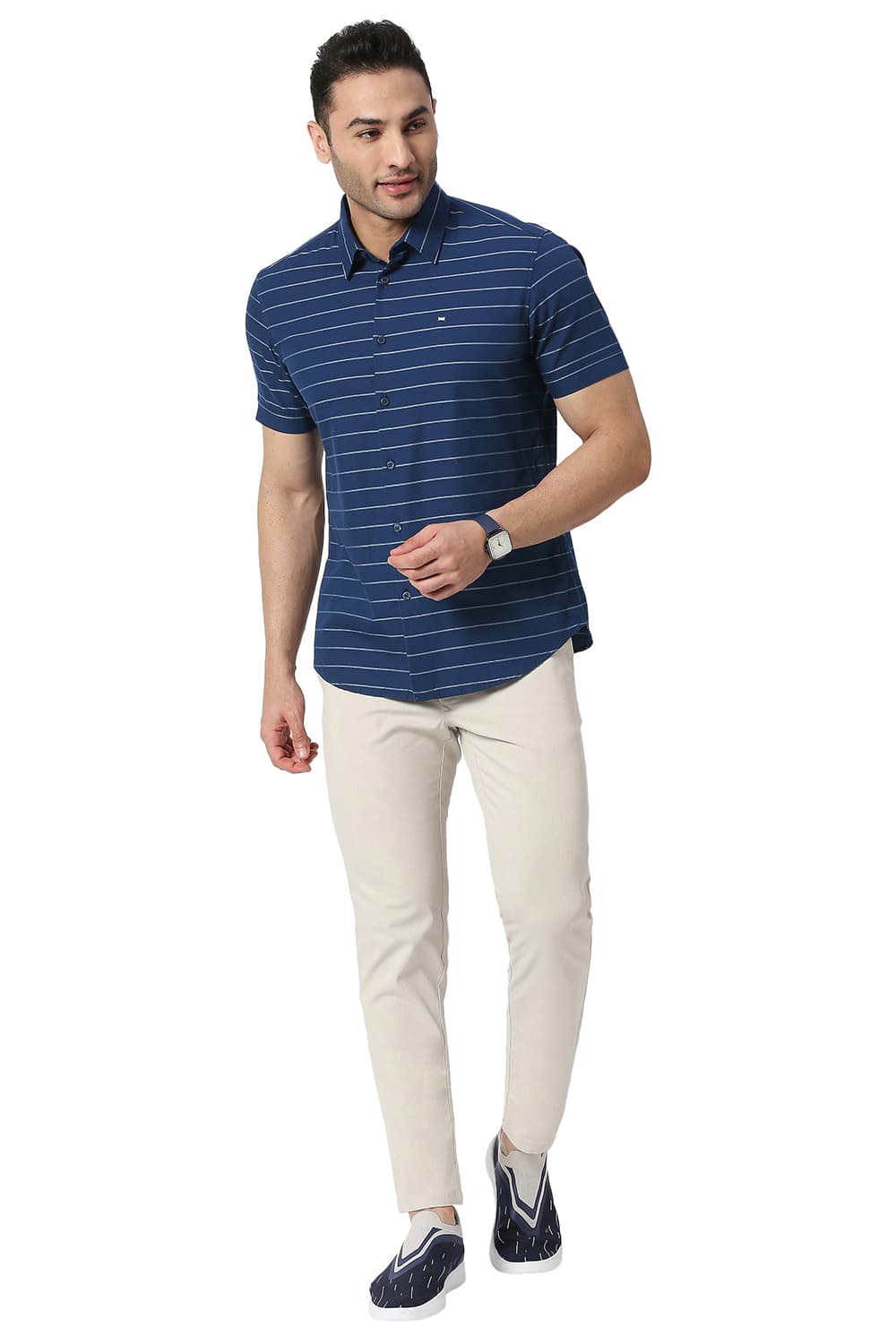 BASICS SLIM FIT COTTON TWILL WEFT STRIPES HALFSLEEVES SHIRT