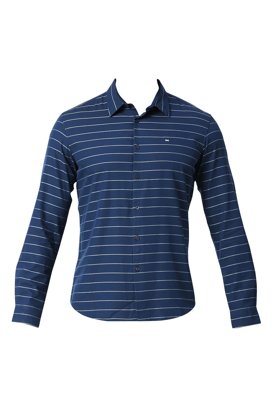 BASICS SLIM FIT GIBRALTOR NAVY COTTON TWILL WEFT STRIPES SHIRT