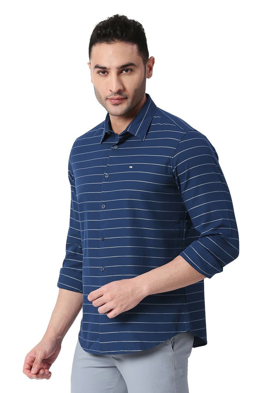 BASICS SLIM FIT GIBRALTOR NAVY COTTON TWILL WEFT STRIPES SHIRT