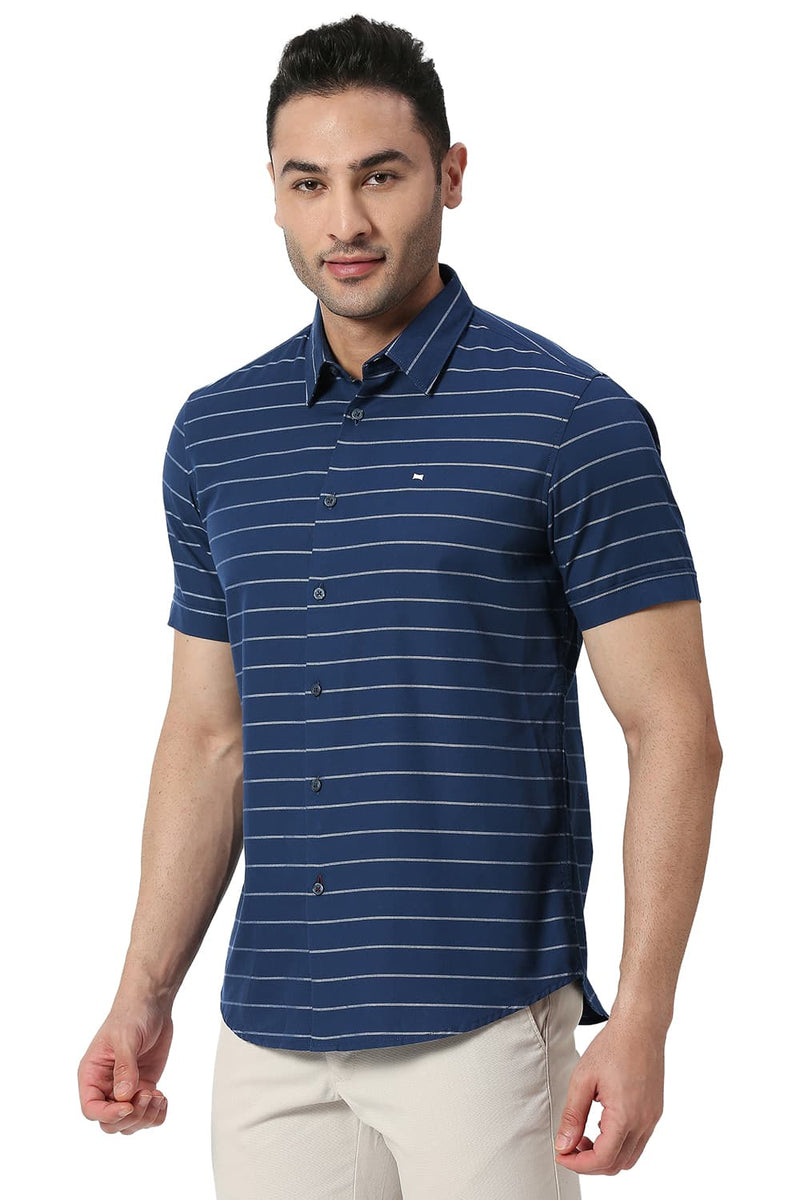 BASICS SLIM FIT COTTON TWILL WEFT STRIPES HALFSLEEVES SHIRT