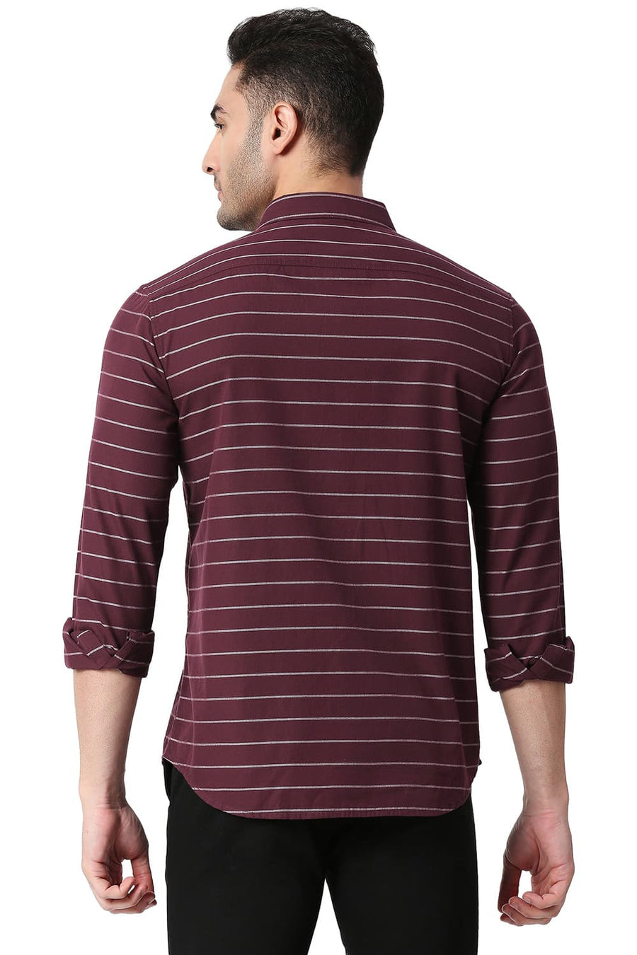 BASICS SLIM FIT FIG MAROON COTTON TWILL WEFT STRIPES SHIRT