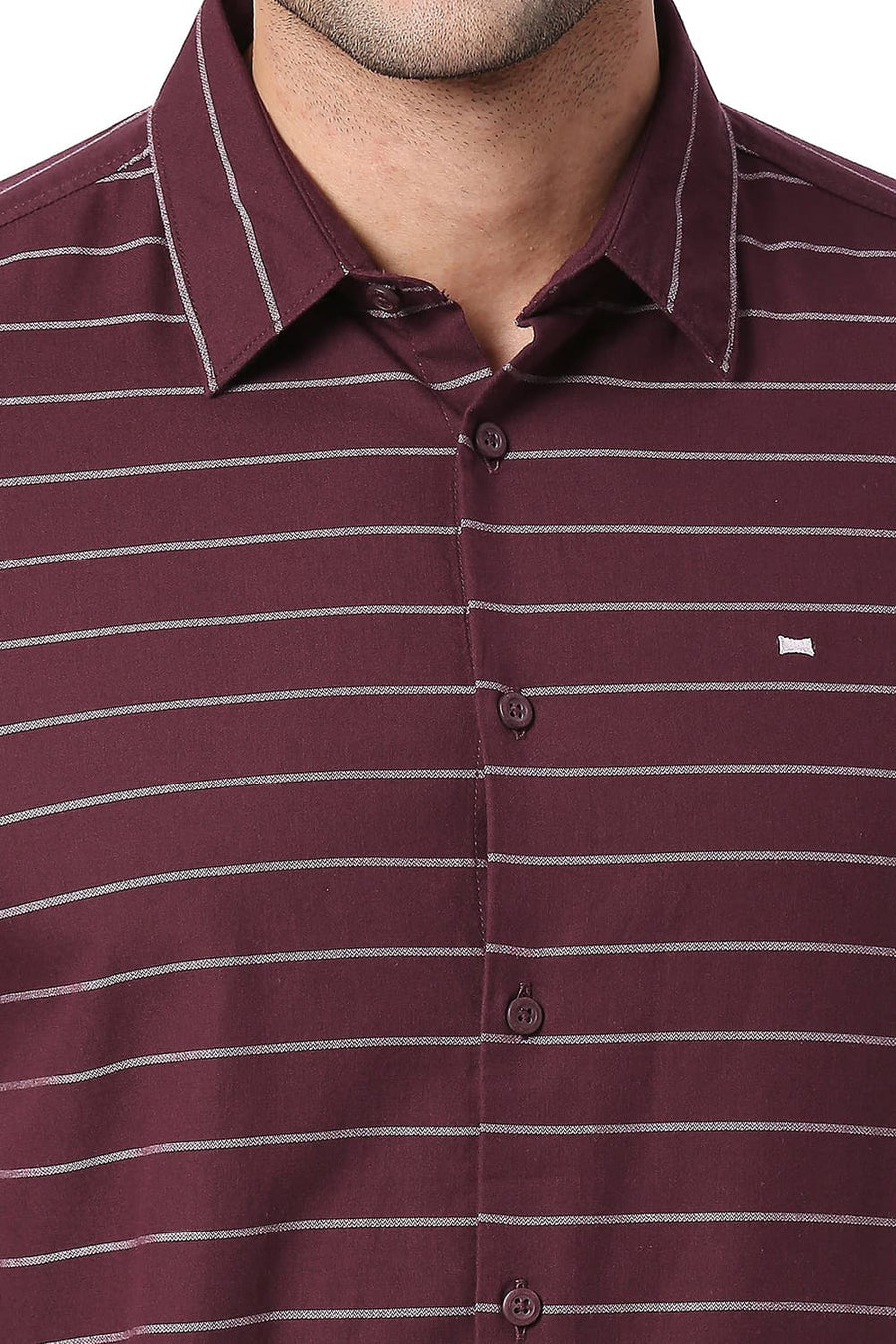 BASICS SLIM FIT FIG MAROON COTTON TWILL WEFT STRIPES SHIRT