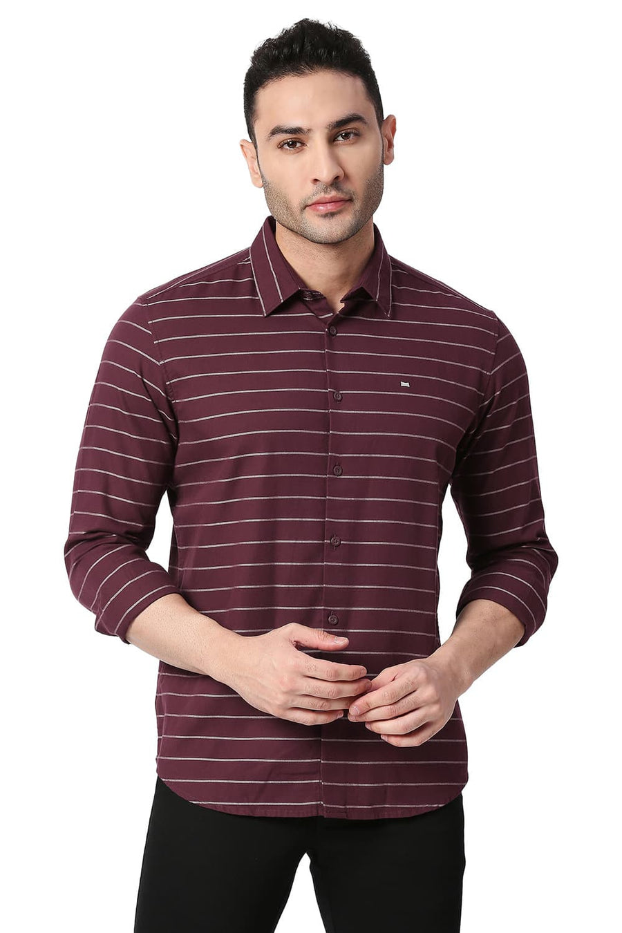 BASICS SLIM FIT FIG MAROON COTTON TWILL WEFT STRIPES SHIRT