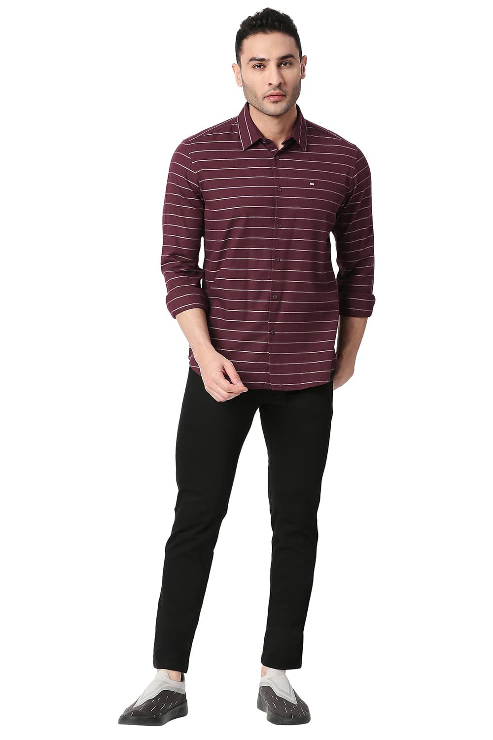 BASICS SLIM FIT COTTON TWILL WEFT STRIPES SHIRT