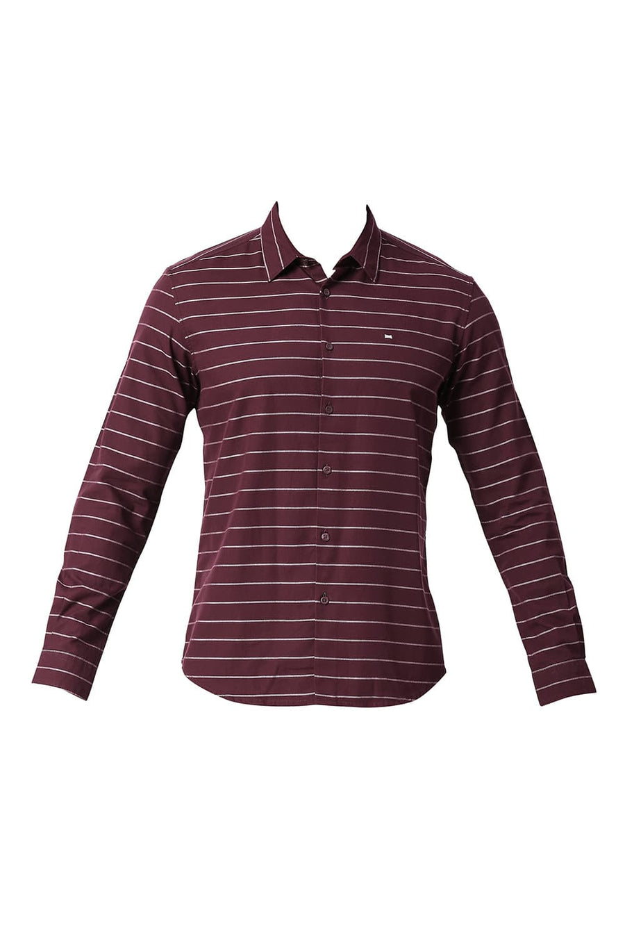 BASICS SLIM FIT FIG MAROON COTTON TWILL WEFT STRIPES SHIRT