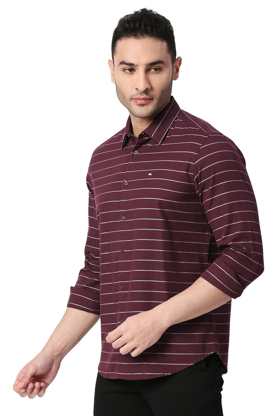 BASICS SLIM FIT FIG MAROON COTTON TWILL WEFT STRIPES SHIRT