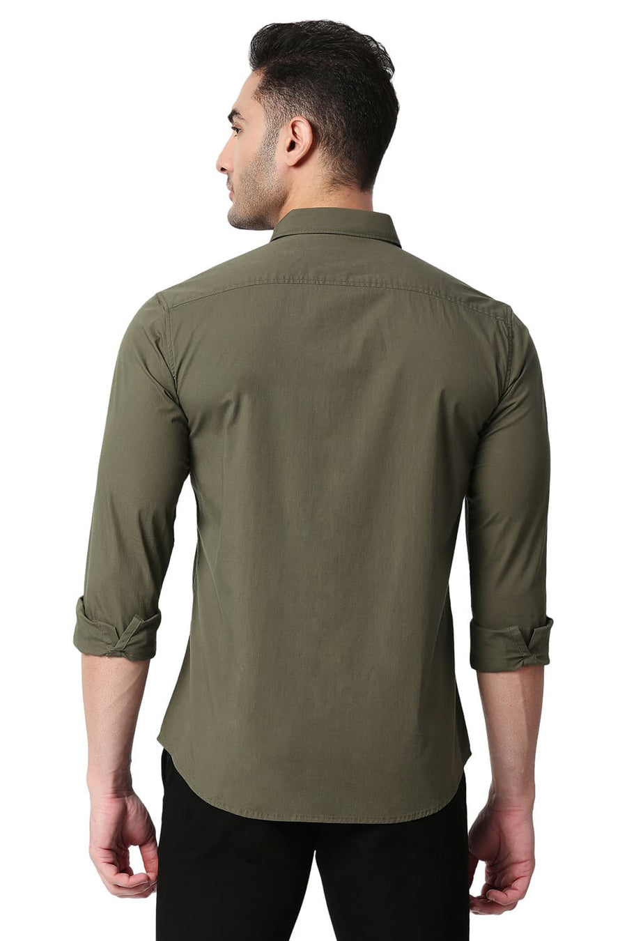 BASICS SLIM FIT OLIVE NIGHT COTTON POPLIN STRETCH SHIRT
