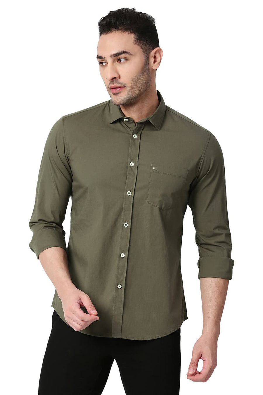 BASICS SLIM FIT OLIVE NIGHT COTTON POPLIN STRETCH SHIRT