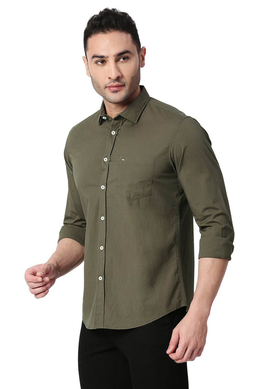 BASICS SLIM FIT OLIVE NIGHT COTTON POPLIN STRETCH SHIRT