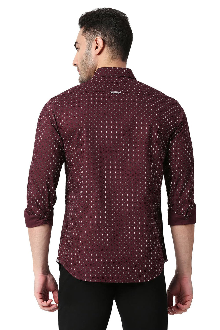 BASICS SLIM FIT FIG MAROON COTTON OXFORD PRINTED SHIRT