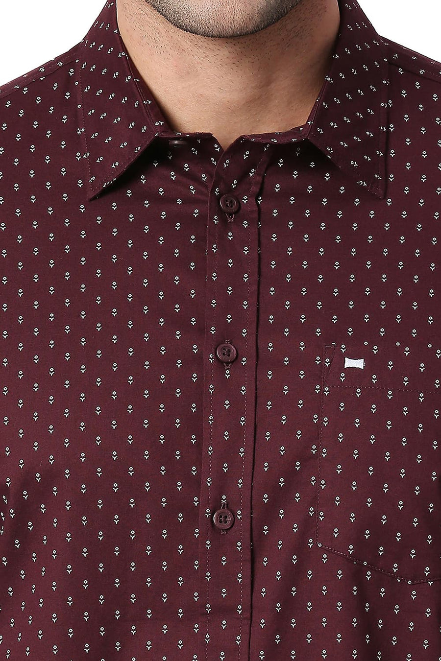 BASICS SLIM FIT FIG MAROON COTTON OXFORD PRINTED SHIRT