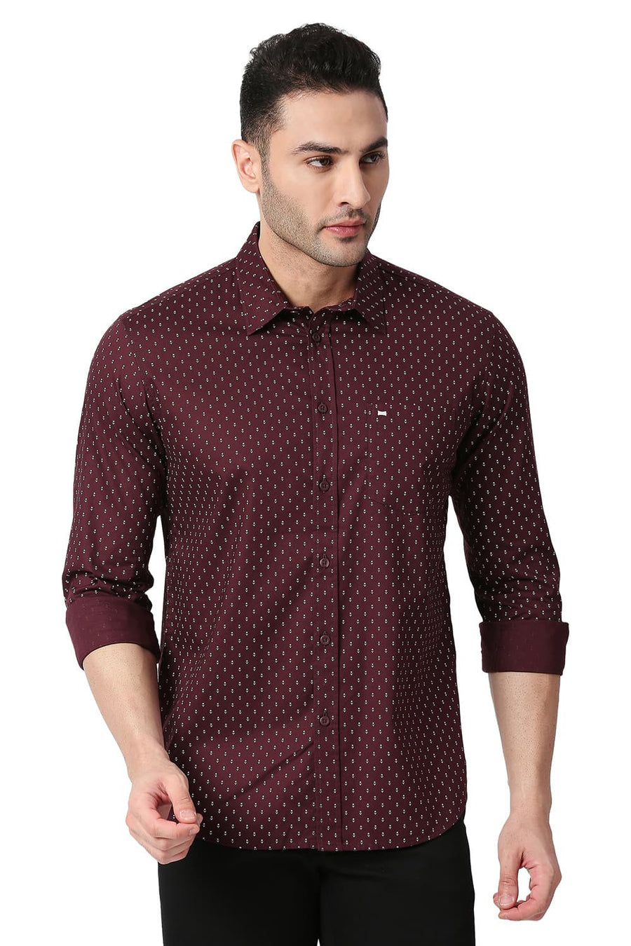 BASICS SLIM FIT FIG MAROON COTTON OXFORD PRINTED SHIRT