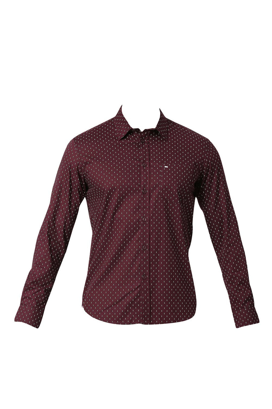 BASICS SLIM FIT FIG MAROON COTTON OXFORD PRINTED SHIRT