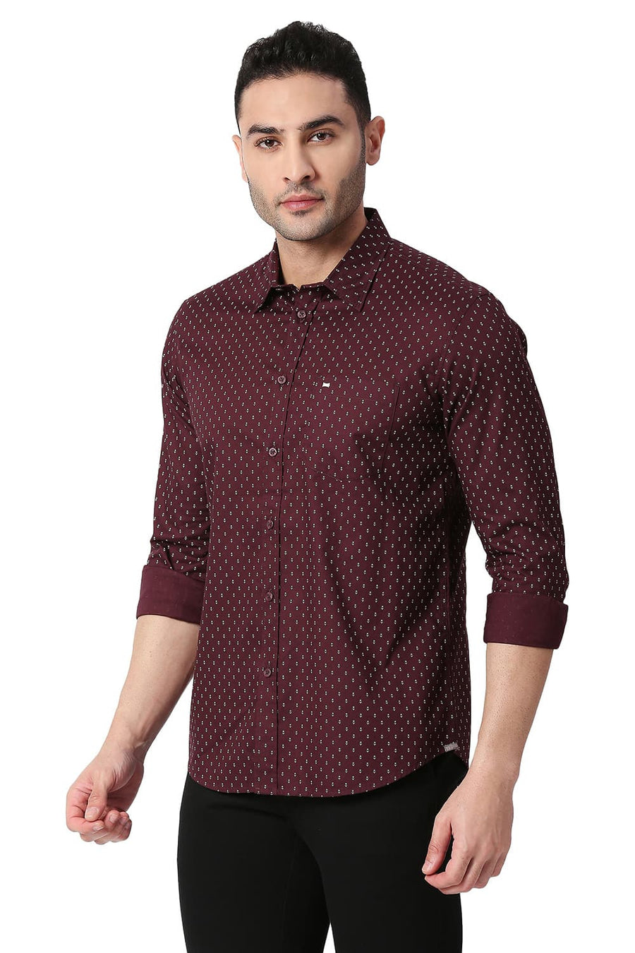 BASICS SLIM FIT FIG MAROON COTTON OXFORD PRINTED SHIRT