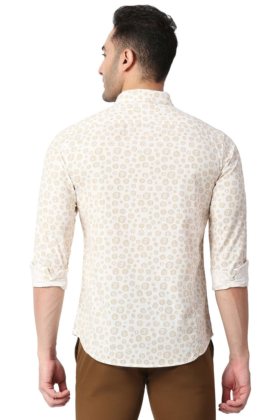 BASICS SLIM FIT BROWN ORANGE COTTON SLUB PRINTED SHIRT