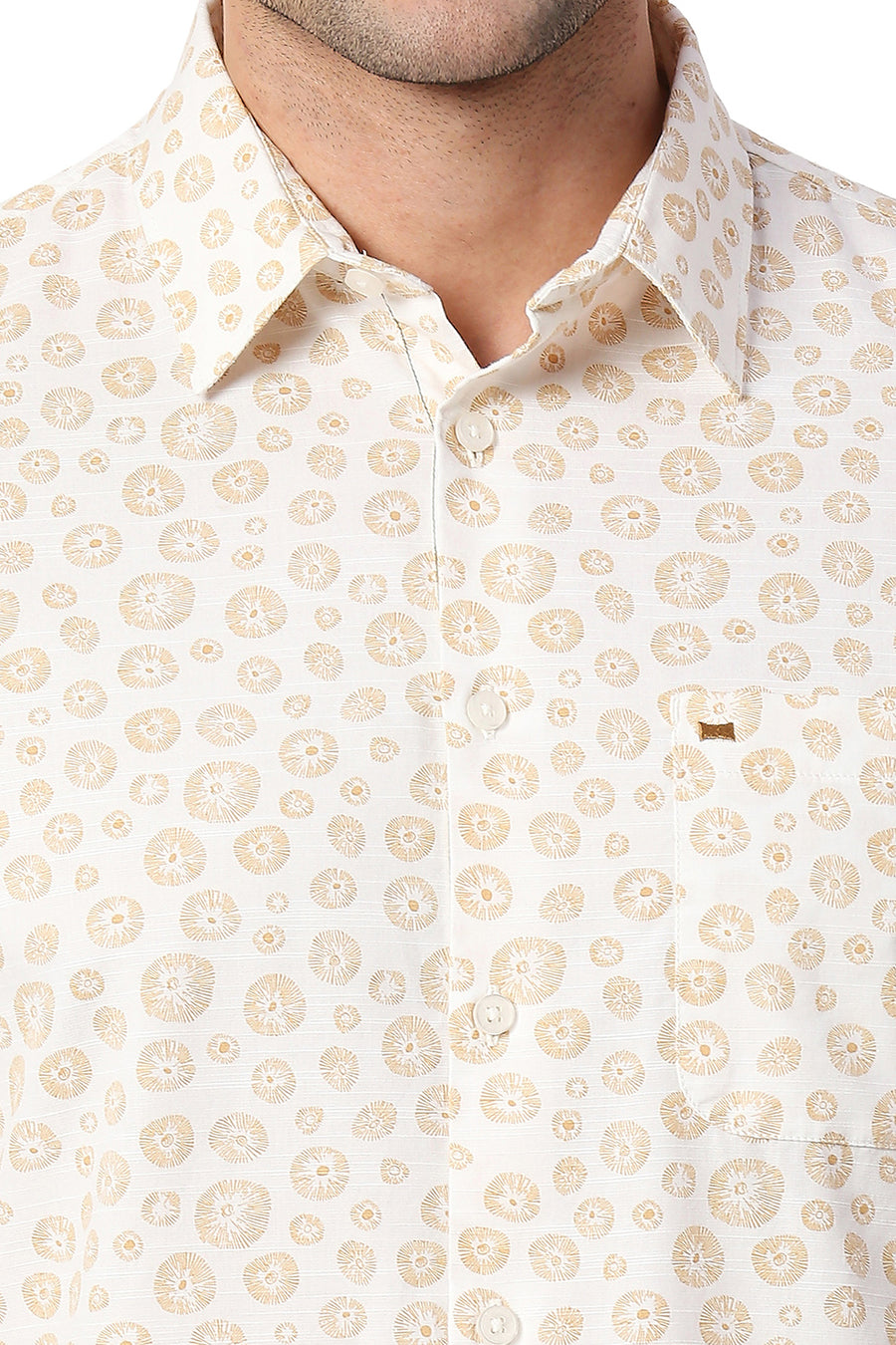 BASICS SLIM FIT BROWN ORANGE COTTON SLUB PRINTED SHIRT