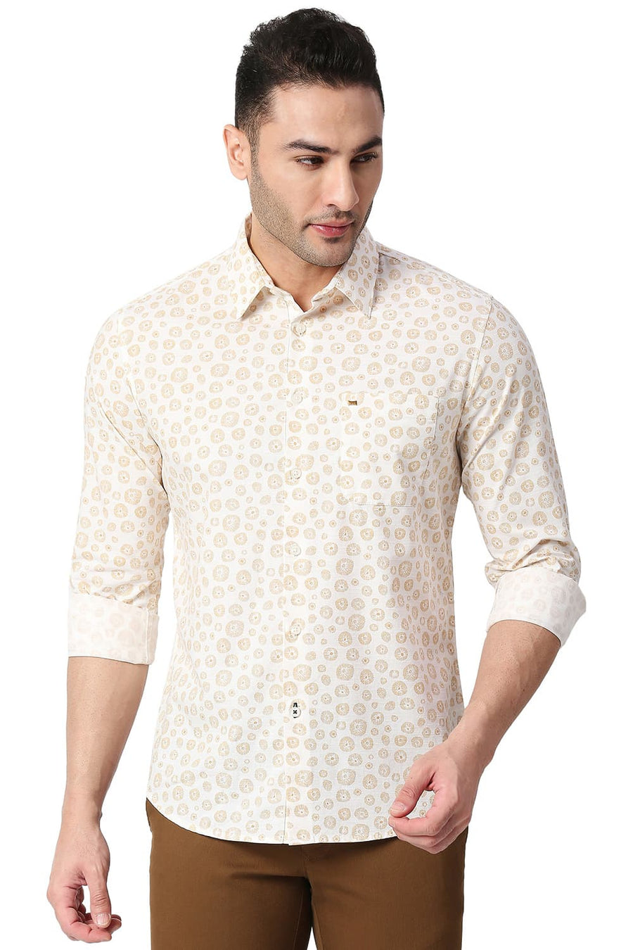 BASICS SLIM FIT BROWN ORANGE COTTON SLUB PRINTED SHIRT