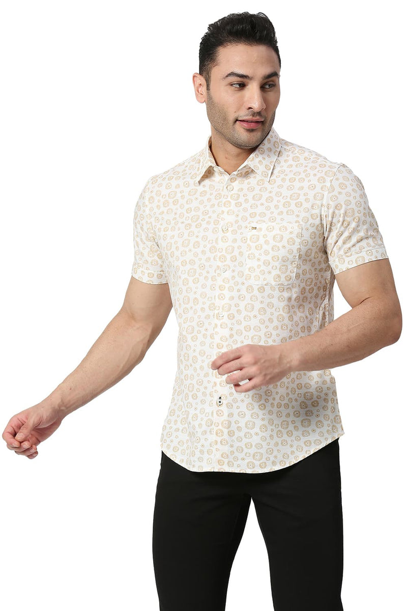 BASICS SLIM FIT COTTON SLUB PRINTED SHIRT