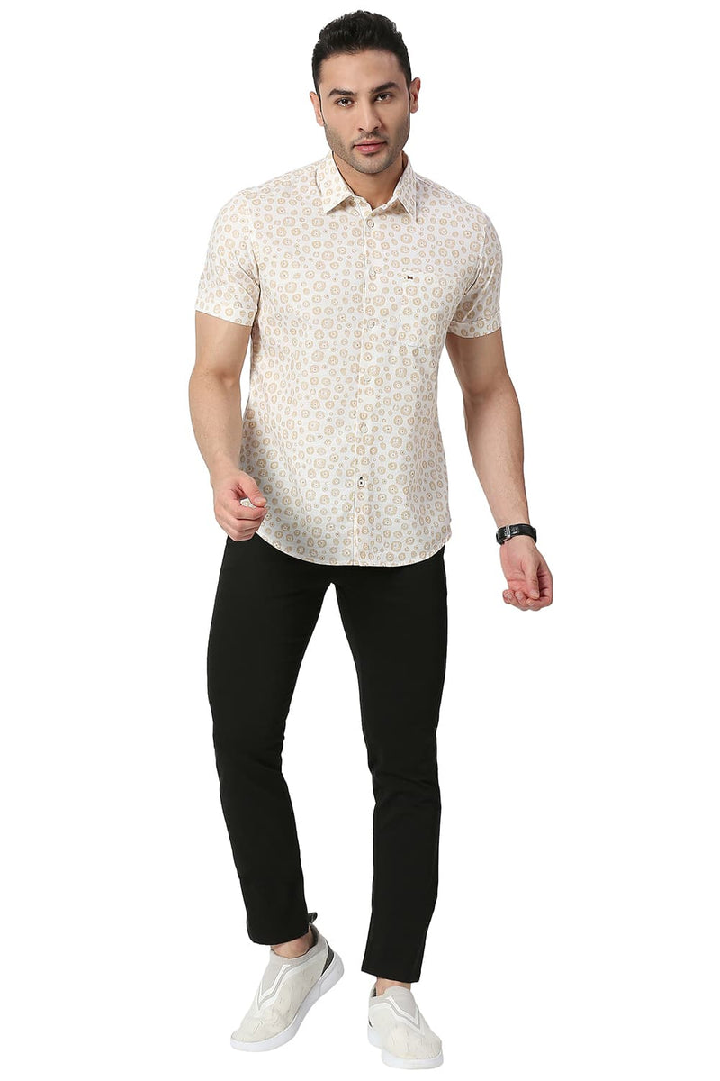 BASICS SLIM FIT COTTON SLUB PRINTED HALFSLEEVES SHIRT