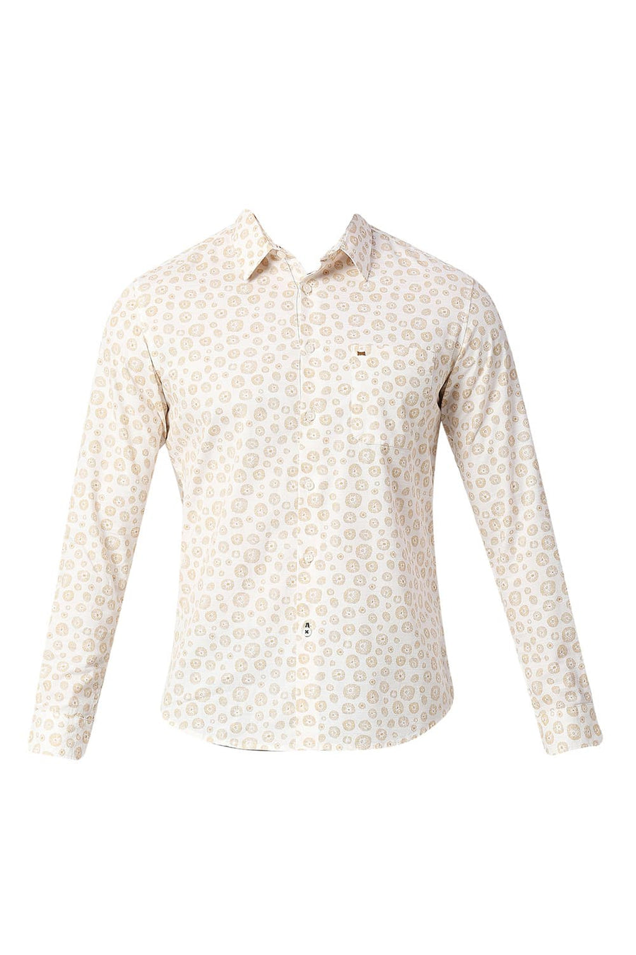 BASICS SLIM FIT BROWN ORANGE COTTON SLUB PRINTED SHIRT