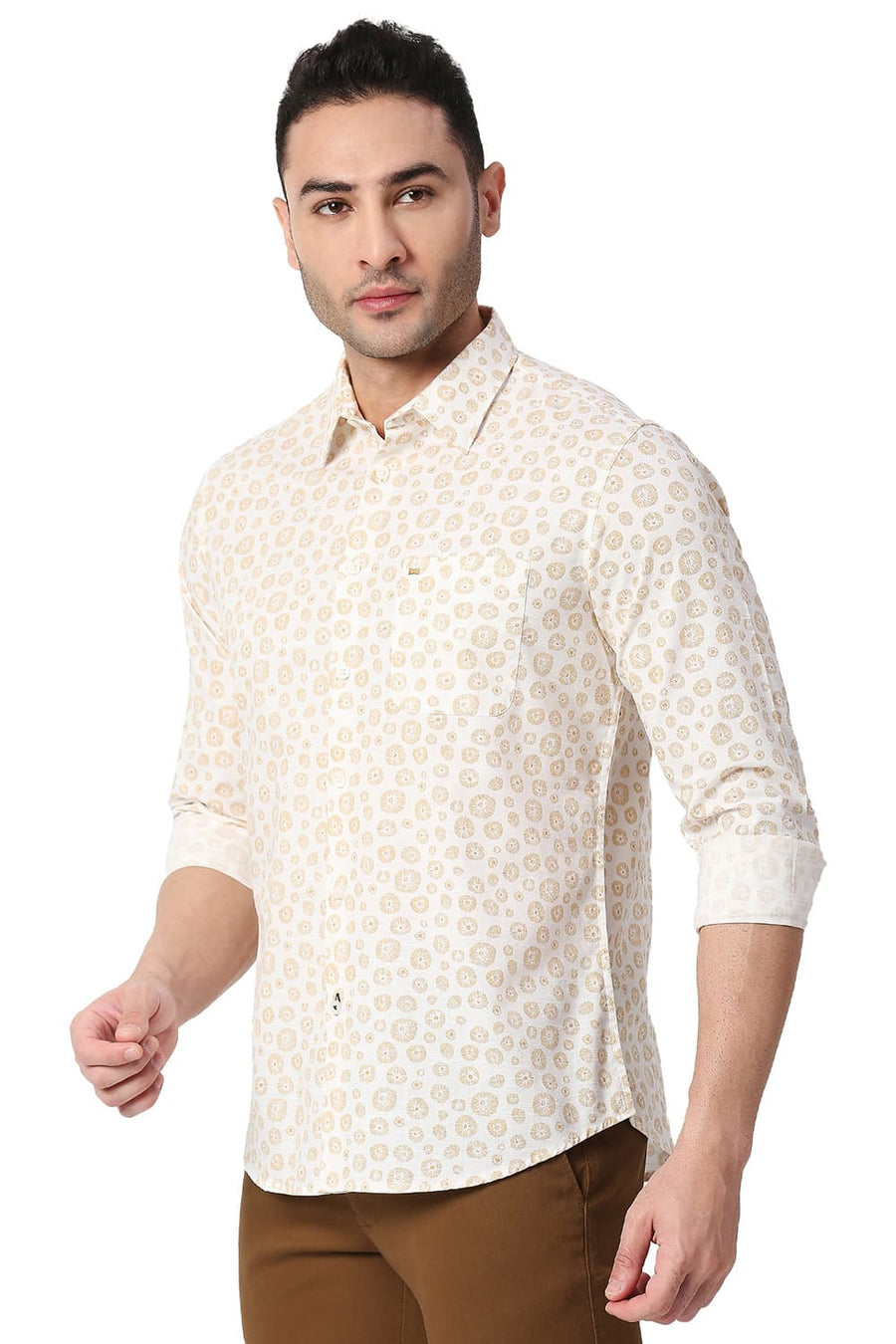 BASICS SLIM FIT BROWN ORANGE COTTON SLUB PRINTED SHIRT